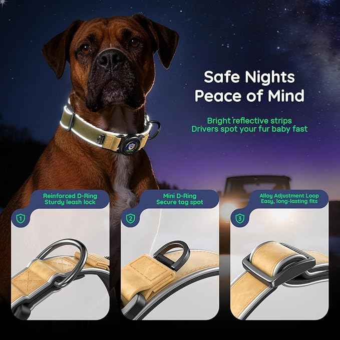 WhoseID Premium Leather Dog Collar for Large Dogs - IPX8 Waterproof AirTag Dog Collar | Magnetic Buckle Heavy Duty Collar | 450LB Escape-Proof | Reflective Dog Collar with AirTag Holder