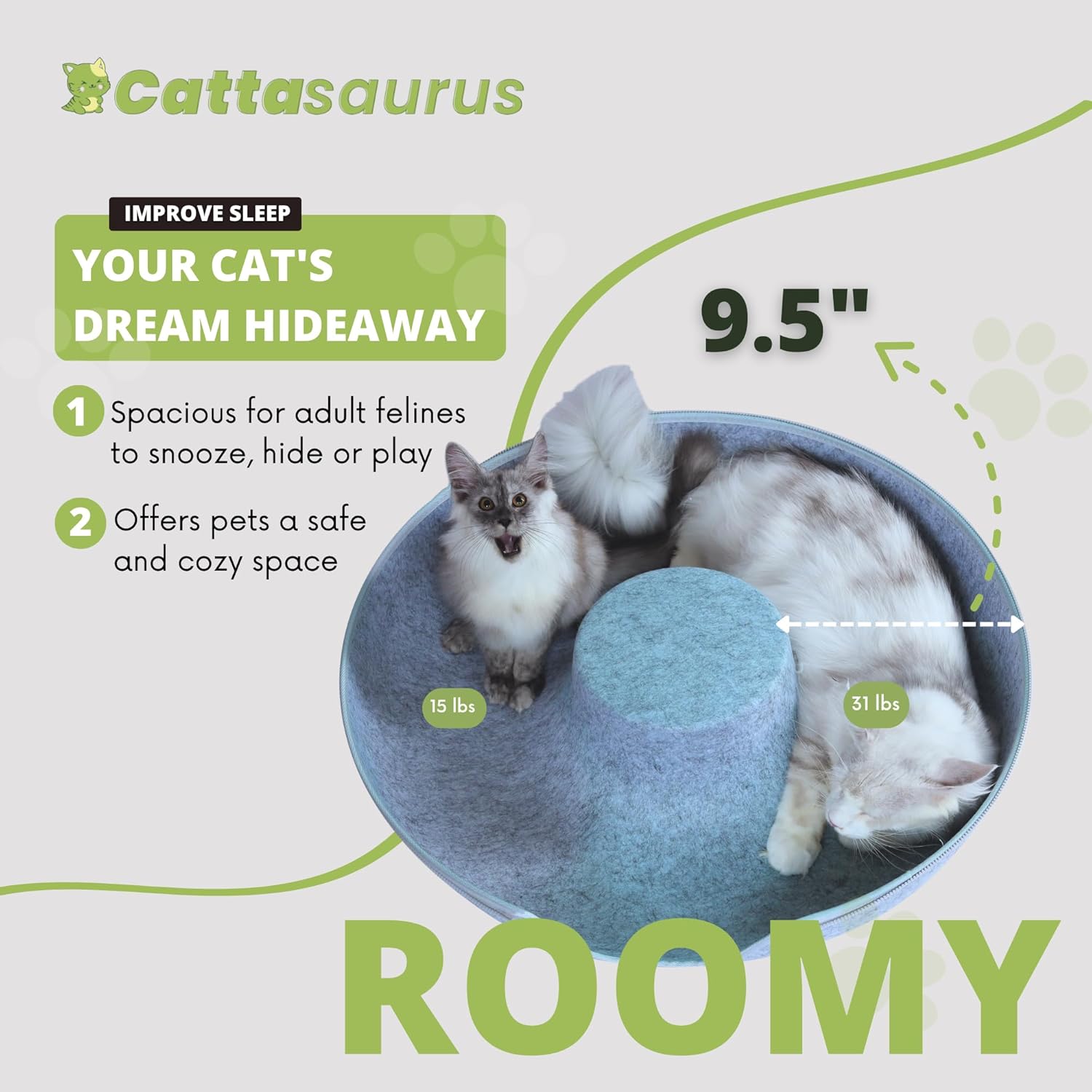 Cattasaurus Peekaboo Cat Cave, Extra Spacious for Multiple & Large Cats 12+ lbs, Scratch Detachable Beds for Indoor Cats, Washable Tunnel Bed, Comfy Cat Donut Tunnel (Light Gray+Light Gray, Jumbo) - Pet Explorer