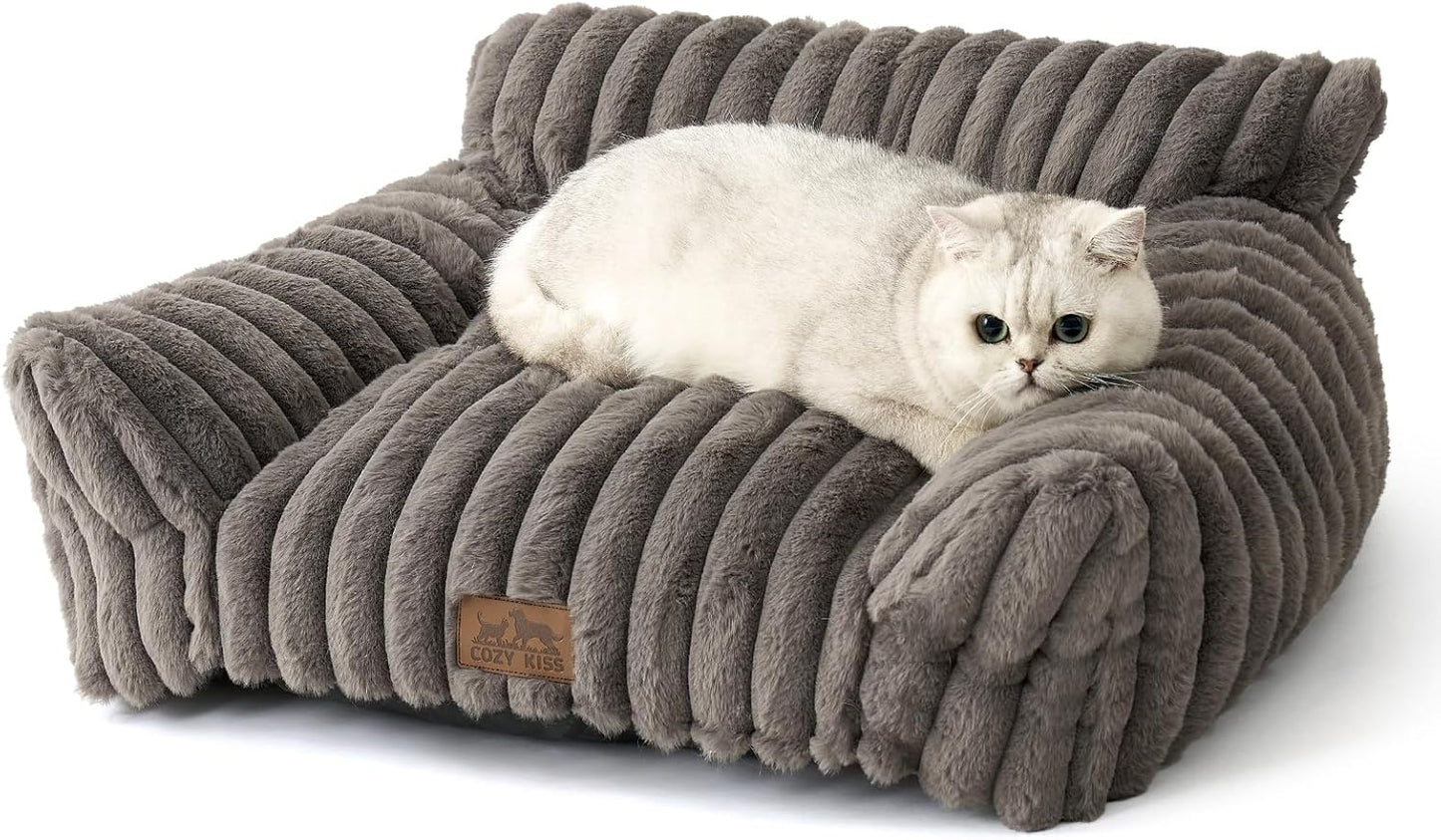 Cute Cat Couch, Premium Plush Faux Fur Pet Couch Bed, Ultra-Soft Pet Furniture for Cats & Small Dogs (Grey, S: 25.5''x17.5'') - Pet Explorer