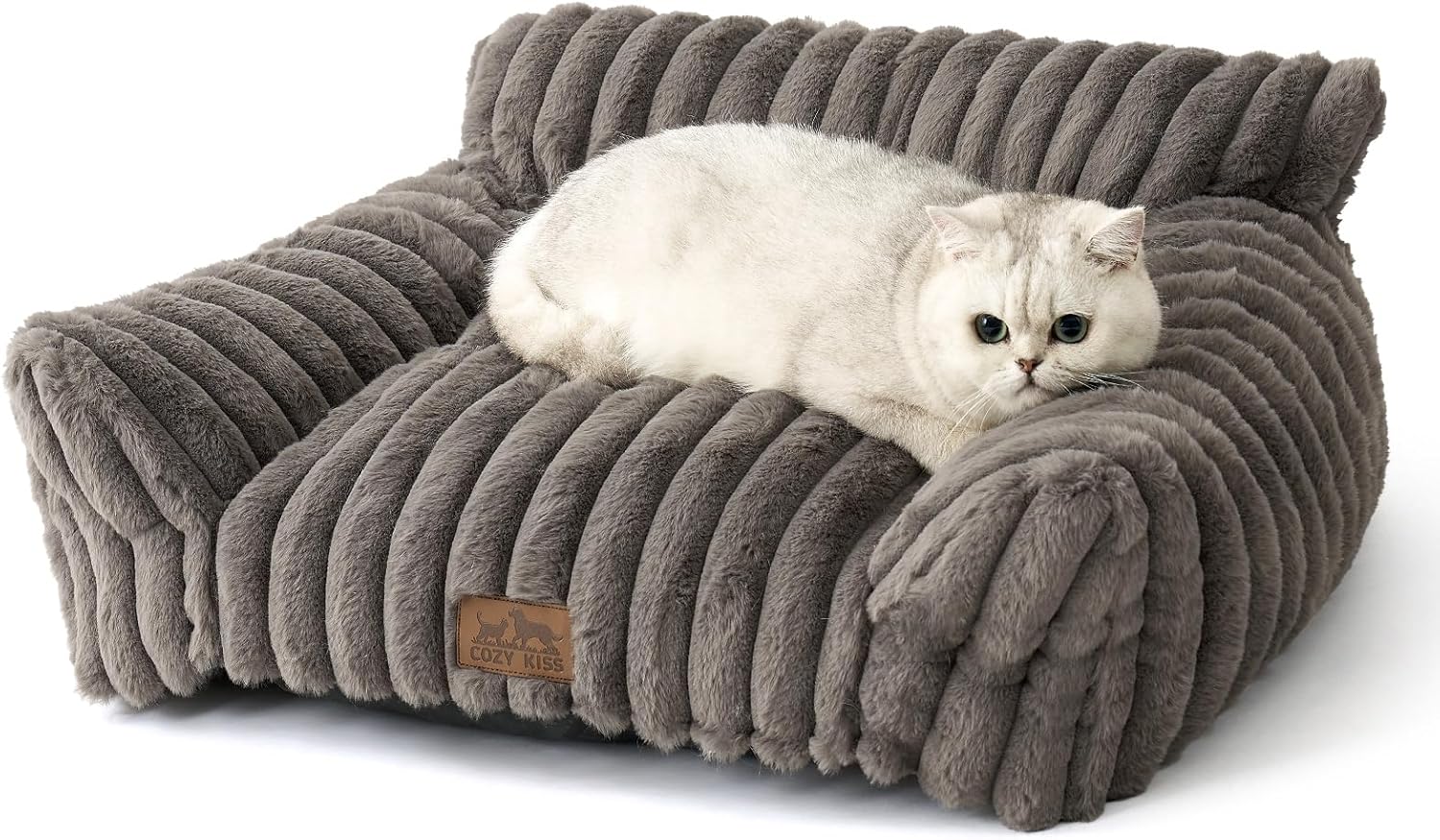 Cute Cat Couch, Premium Plush Faux Fur Pet Couch Bed, Ultra-Soft Pet Furniture for Cats & Small Dogs (Grey, S: 25.5''x17.5'') - Pet Explorer