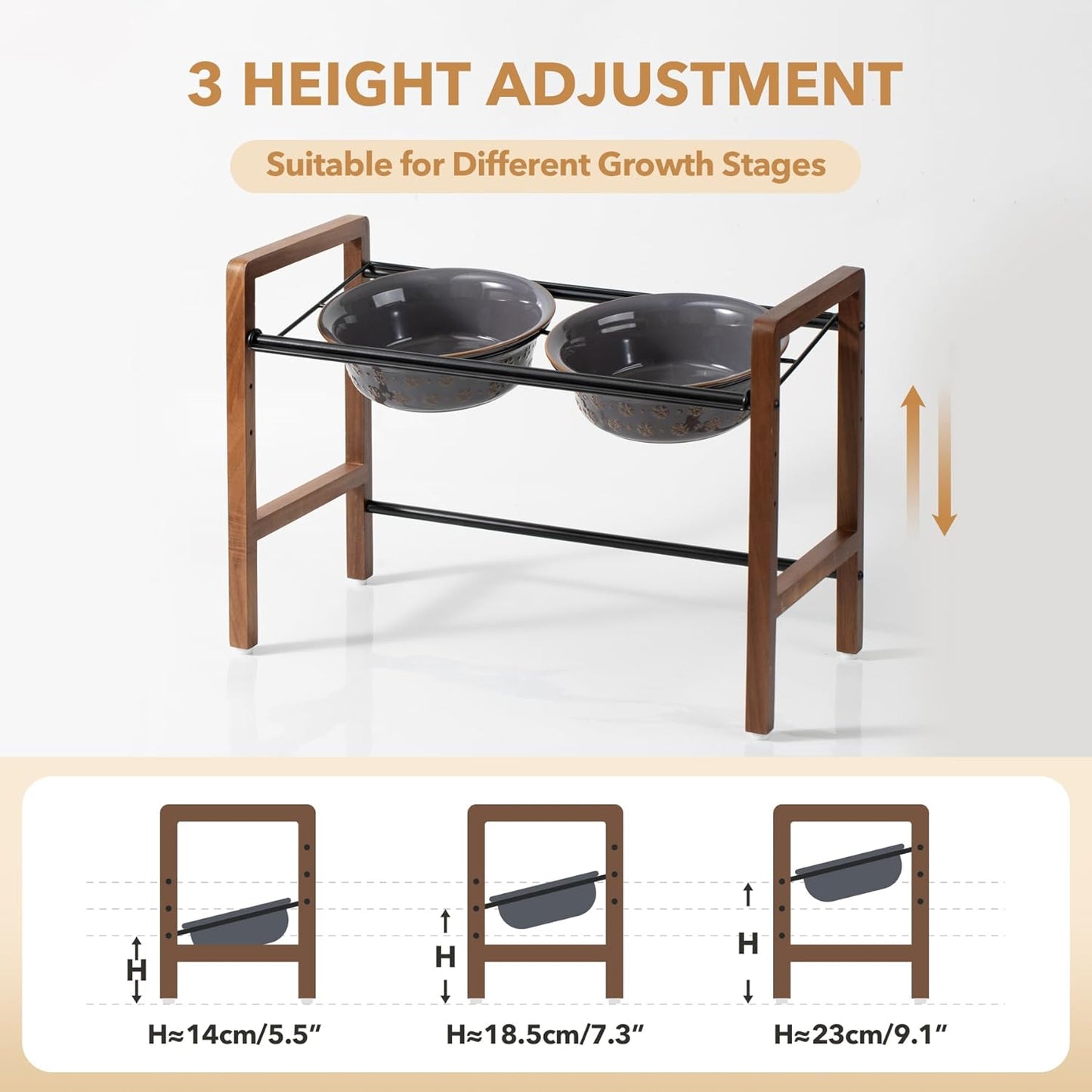7.1inch Ceramic Adjustable Raised Double Bowls Set with Stand, 3 Heights Elevated, 2 Placement Options,Food and Water Bowls for Medium and Large Dog(Reactived Glaze -Grey) - Pet Explorer