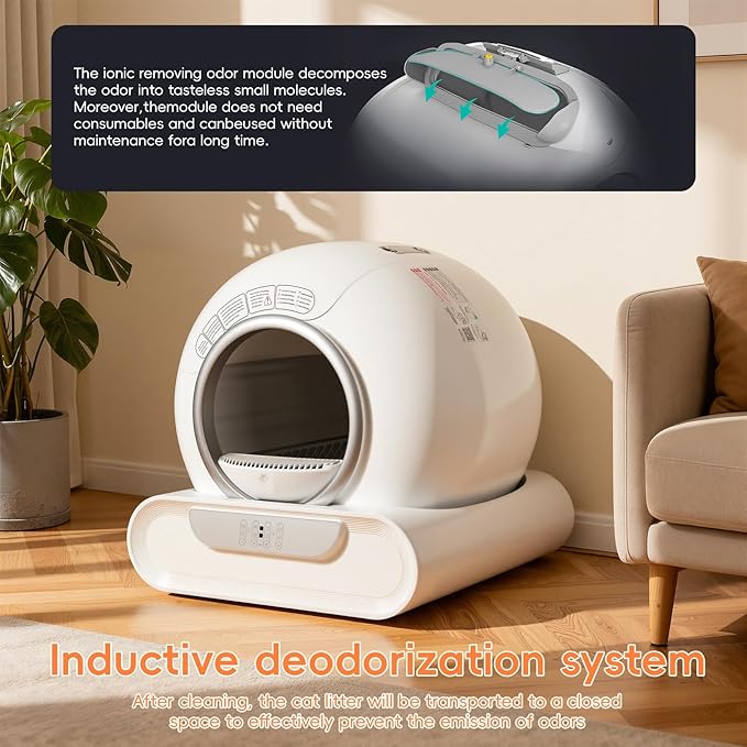 Self Cleaning Cat Litter Box, Automatic Smart Litter Box with App Control & Health Monitoring, Spacious Entry for Multiple Cats, Odor Removal System, Large Enclosed Design White US Plug