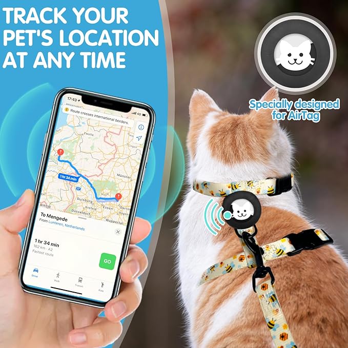 BINGPET Cat Harness with Airtag Holder, Cat Harness and Leash Set Escape Proof for Walking Travel Outdoor, Soft Adjustable Kitten Harnesses for Small Medium Large Cats, Cute Bee(Chest:12.5"-18")