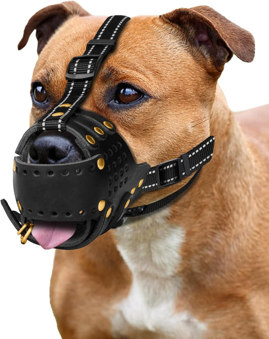 Dog Muzzle, Leather Basket Soft Muzzles Medium Large Breeds, Pitbull Dog Muzzle Amstaff Staffordshire Terrier, German Shepherd Dalmatian Doberman Adjustable (XL) - Pet Explorer