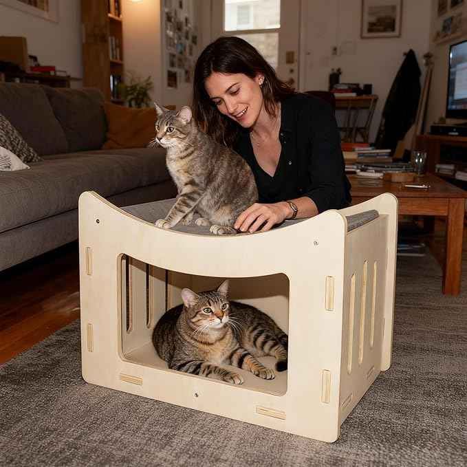 Cute Cat Head Wooden Indoor Cat House, Double Decker Cat Shelter with Elevated Soft Canvas Upper Bed, Multi-Level Pet Condo for Cats & Rabbits