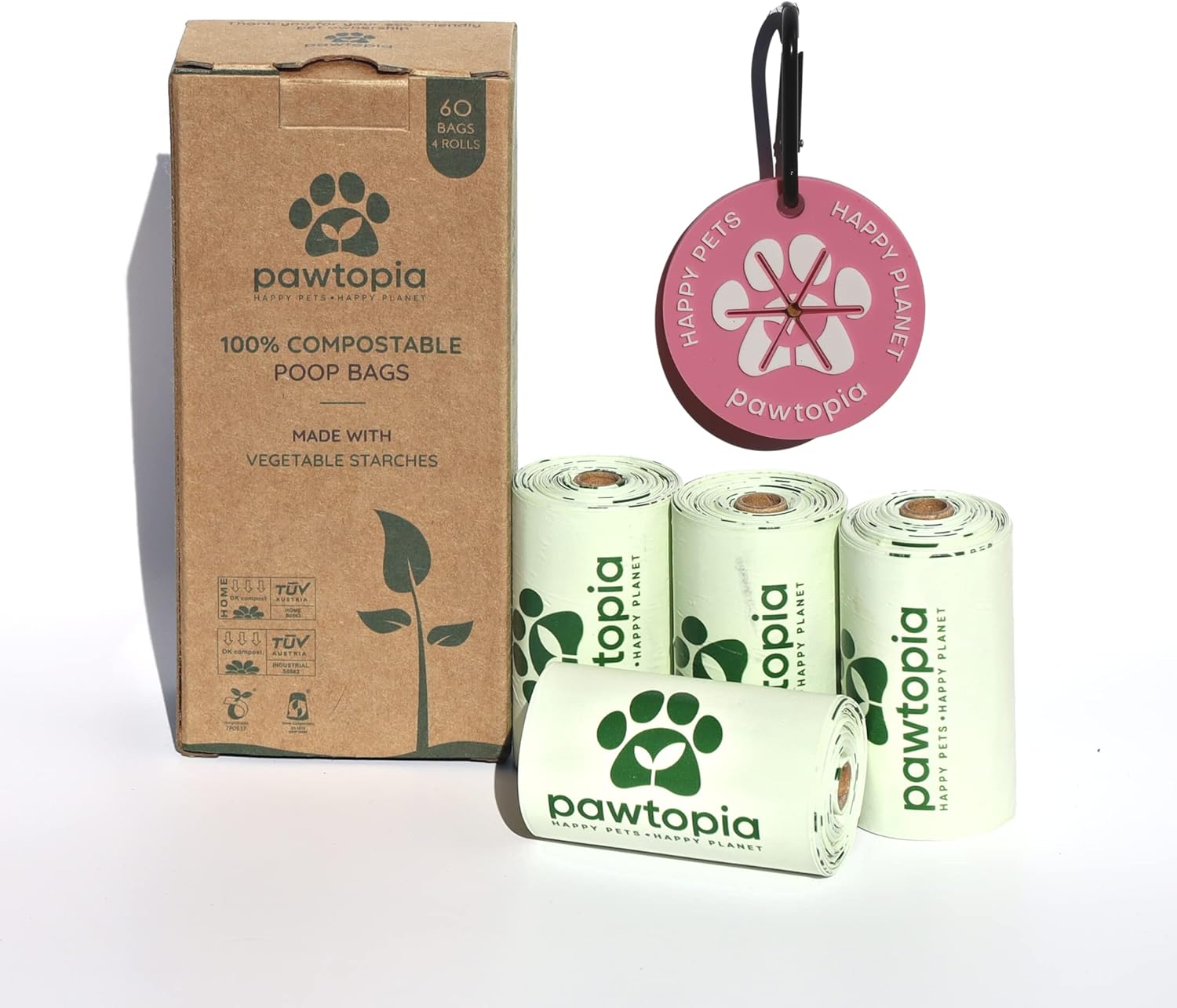 Certified Home Compostable Dog Poop Bags (60) + Pink Poop Bag Carrier, Biodegradable Poop Bags, Cat Litter, Vegetable Starches, Leakproof Dog Waste Bags, Easy to Open - Pet Explorer