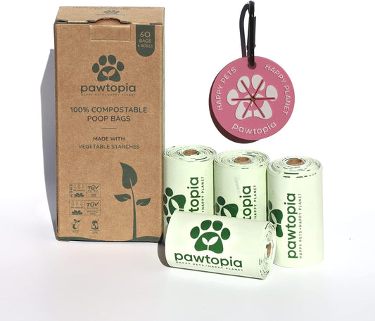 Certified Home Compostable Dog Poop Bags (60) + Pink Poop Bag Carrier, Biodegradable Poop Bags, Cat Litter, Vegetable Starches, Leakproof Dog Waste Bags, Easy to Open - Pet Explorer