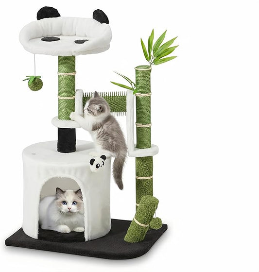 Panda Cat Tree, 30.7" Indoor Cat Tower with Self Groomer, Two-Layer Modern Cat Scratching Post Interactive Toy with Dangling Ball, Cat Condo and Hang Ball, Bamboo Leaf Shape Design