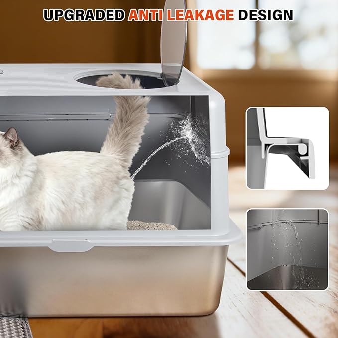 Stainless Steel Litter Box with Lid, XL Extra Large Enclosed Cat Litter Boxes for Big Cats, Front & Top Entry Metal Cat Litter Box with Litter Scoop & Litter Mat, Odor Free, Anti-Leakage