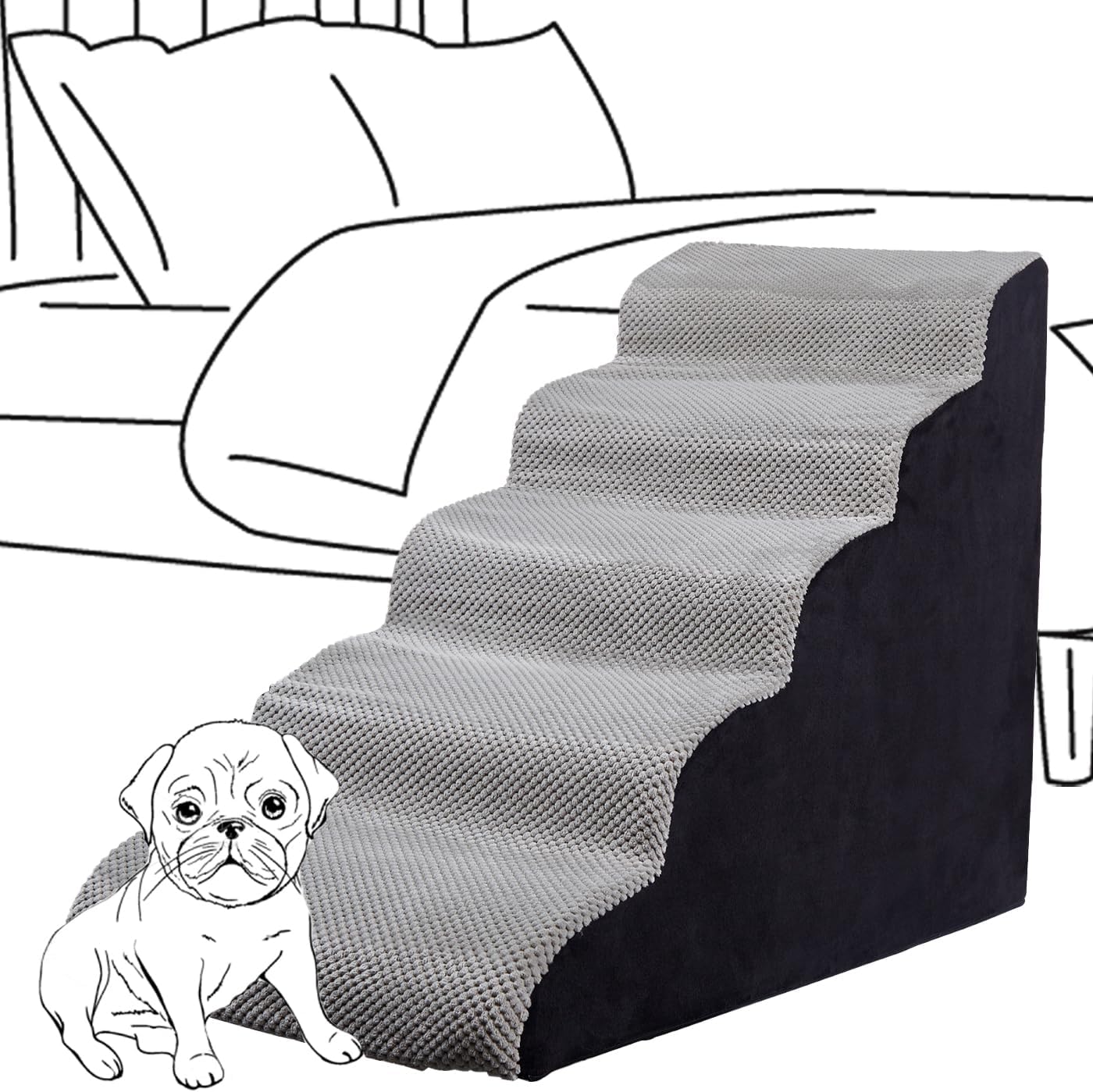 Curved Dog Stairs 24 inches High, Dog Ramp Stairs for Small Dogs for High Beds 20-25 inches Tall, 30D Foam Dog Steps for Beds 24 inches, Pet Stairs/Steps for Old Dogs Cats, Grey - Pet Explorer