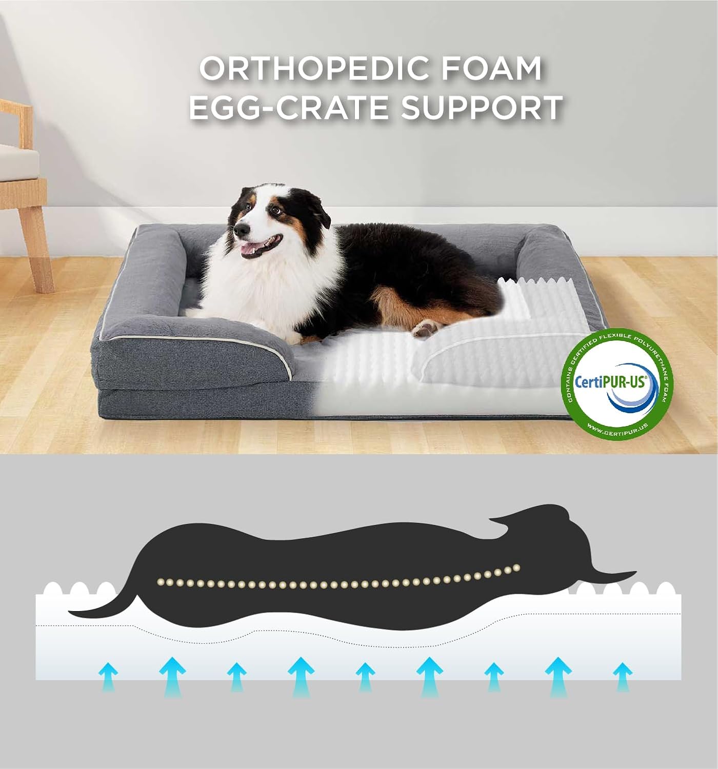 MADE 4 PETS Orthopedic Dog Bed for Large Dogs, Supportive Foam Big Large Pet Bed Sofa with Washable Removable Cover, Waterproof Dog Couch Bed, Non-Slip Bottom and Egg-Crate Foam, Grey