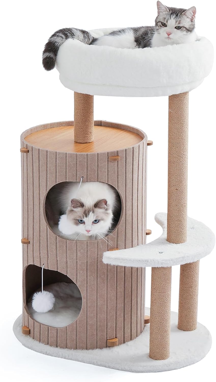 Cat Tree Tower with 2-Storey Large Felt Cat Bed Cave, Cozy Cats Tunnel Condo with Washable Cushions, 36.6" - Pet Explorer