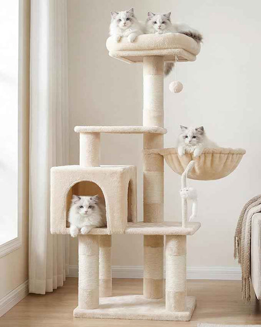 Heybly Cat Tree with Toy, Cat Tower Condo for Indoor Cats, Cat House with Padded Plush Perch, Cozy Hammock and Sisal Scratching Posts, Beige HCT004SM