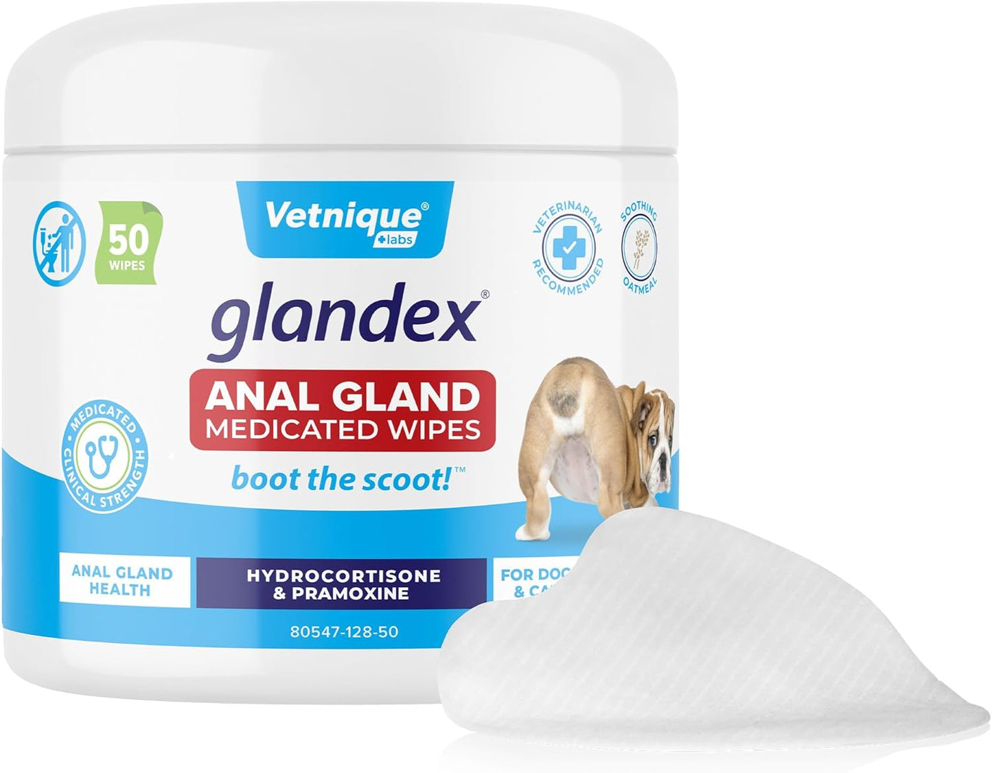 Vetnique Glandex Medicated Dog Butt Wipes or Spray for Dog Scooting - Topical Anti Itch Skin Relief for Soothing Inflamed Anal Glands in Dogs & Cats - Fast Acting Formula 50ct (50ct Wipes) - Pet Explorer