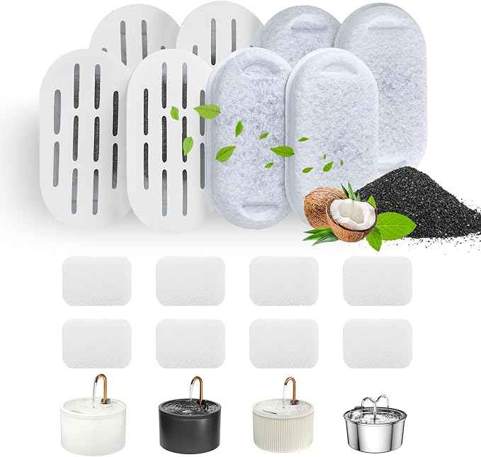 DOOOB Cat Water Fountain Filters, 16 Pack Cat Fountain Filter, Cat Fountain Replacement Filters for DOOOB Stainless Steel Cat Water Fountain, Pet Water Fountain Filters (8 Filters & 8 Sponges)