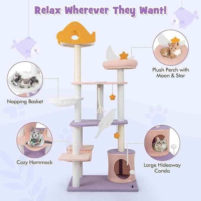 PETSITE Star and Moon-Themed Cat Tree Tower, Multi-Level Modern Cat Tower with Sisal Scratching Posts, Cat Condo, Side Hammock, Hanging Dangling Toys, Cute Cat Tree for Indoor Cats (66 Inch Tall)