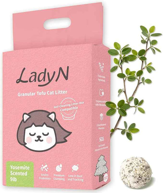 Lady N Granular Tofu Cat Litter Yosemite Scent, Mini-Pellet Compatible with Automatic Self-Cleaning Cat Litter Box, Premium Clumping, Low Dust, Probiotic Odor Control 9lb