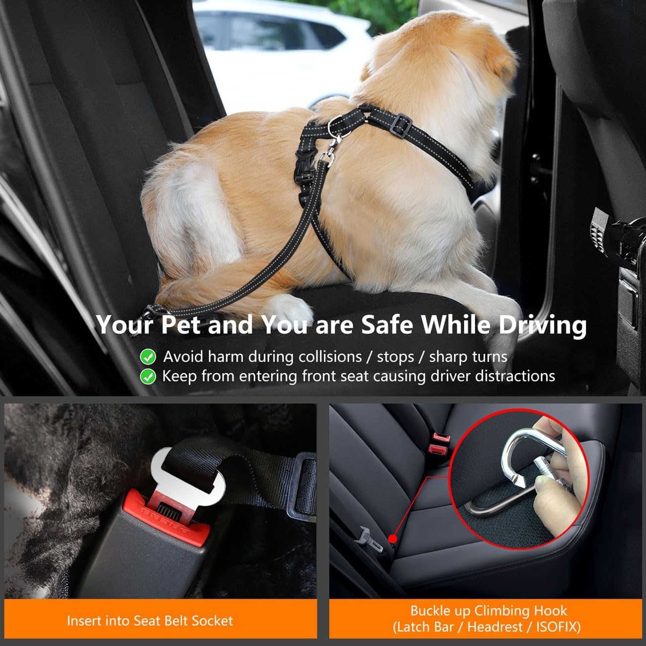Dog Seat Belt Harness for Car, Dog Car Harness Adjustable Mesh Breathable & Dogs Seatbelt Safety Tether with Elastic Bungee for Small Medium Large Pets(Carbon Black, XL) - Pet Explorer