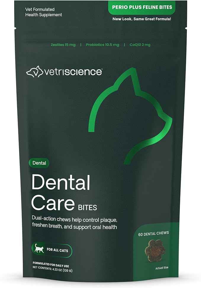 VetriScience Perio Plus Cat Teeth Cleaning Bites - Advanced Cat Breath Freshener - Dual Action Cat Dental Care Formula for Plaque Control & Fresh Breath, 60 Chews, Chicken Flavor