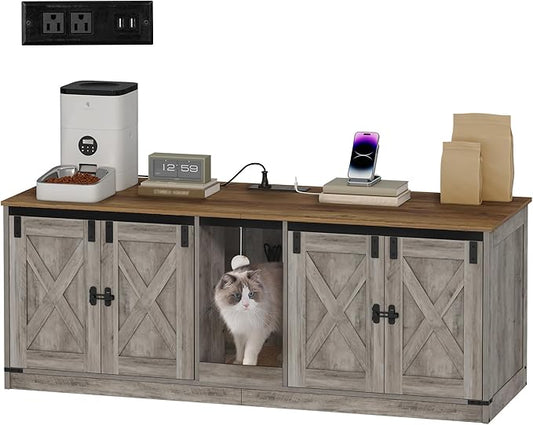 55" L Cat Litter Box Enclosure for 2 Cats, Double Hidden Litter Box Furniture with Scratch Pad, Wooden Cat Cabinet with USB Ports & Power Outlets, Farmhouse TV Stand, Greige CB82505X