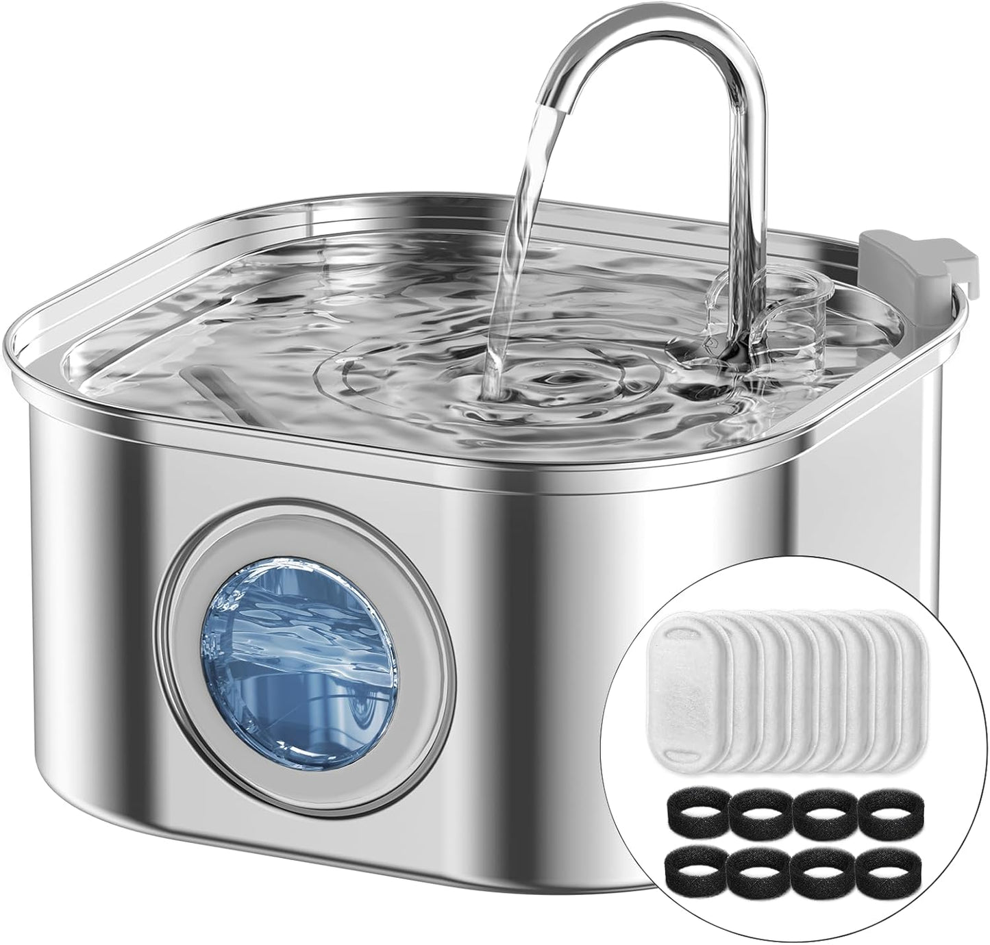 Cat Water Fountain Stainless Steel: 108oz/3.2L Automatic Pet Water Fountain - Dog Water Dispenser with Water Level Window - for Cats Inside with 8 Replacement Filters and 8 Sponges - Pet Explorer