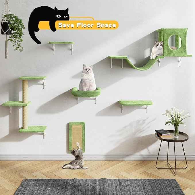NUNU LAB Wall Mounted Cat Wall Shelves, 12-in-1 Cat Wall Climber with Condos House, Scratching Post, Bridge Ladder, Indoor Space-Saving Furniture for Kittens Play, Green