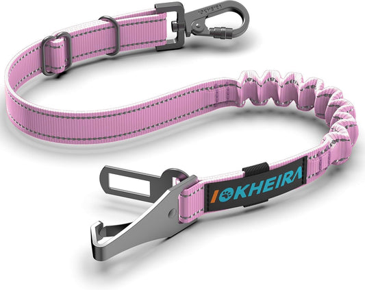 IOKHEIRA Dog Seat Belt 3-in-1 Car Harness for Dogs Adjustable Safety Seatbelt for Car Nylon Reflective Bungee Fabric Dog Car Harness with Clip Hook Latch & Buckle, Swivel Zinc Alloy Carabiner (Pink) - Pet Explorer