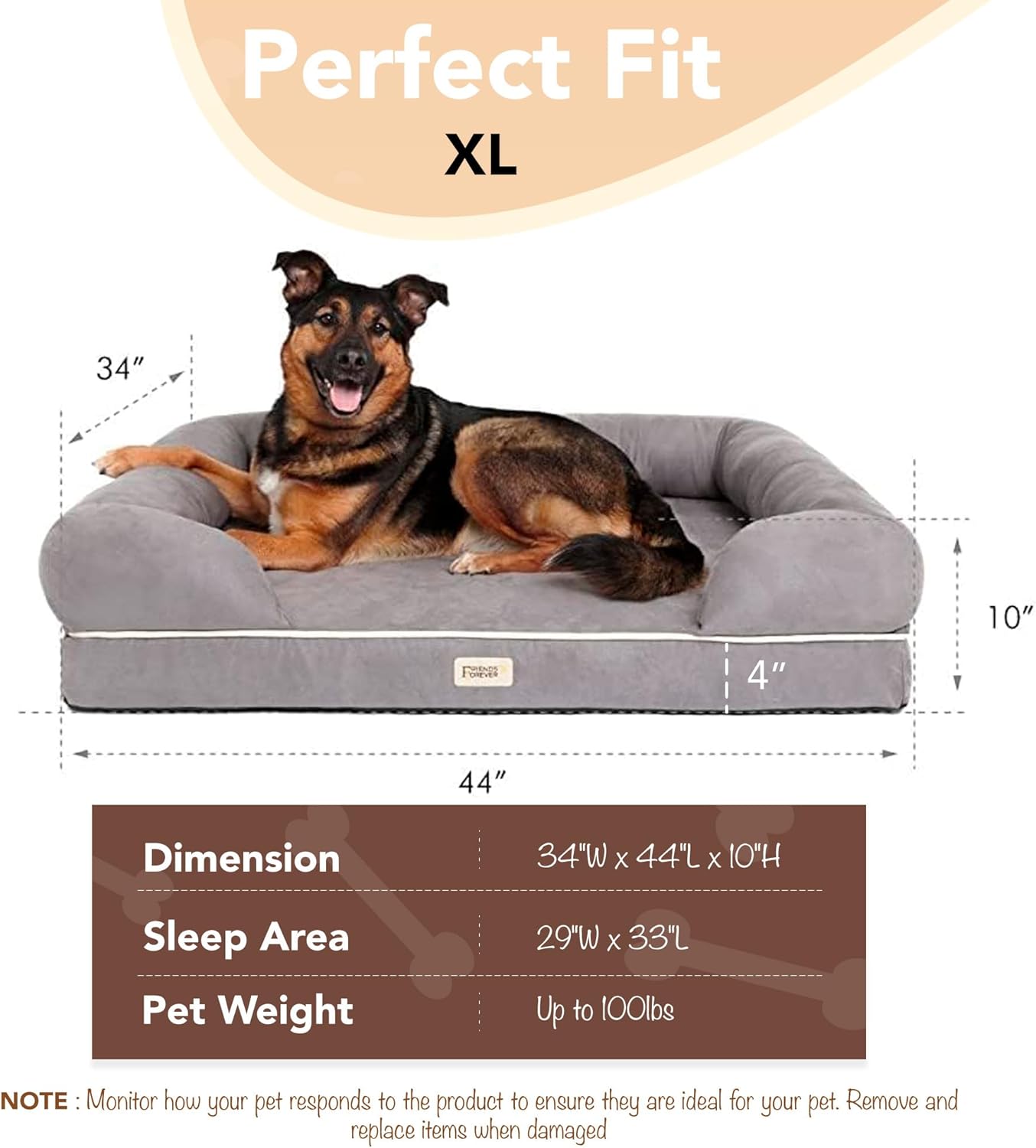 Friends Forever X-Large Dog Bed, Orthopedic Dog Sofa Memory Foam Mattress, Calming Dog Couch Bed, Wall Rim Pillow, Water Resistant Liner, Washable Cover, Non-Slip Bottom, Chester, X-Large Grey - Pet Explorer