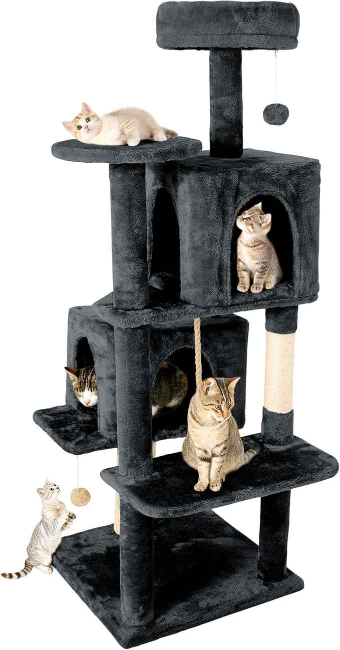 58in Large Cat Tree Tower for Indoor Cats with Soft Plush Hang Ball, Two Condos, Sisal Scratch Posts & Rope Play for Kittens/Adult Cats, Dark Grey