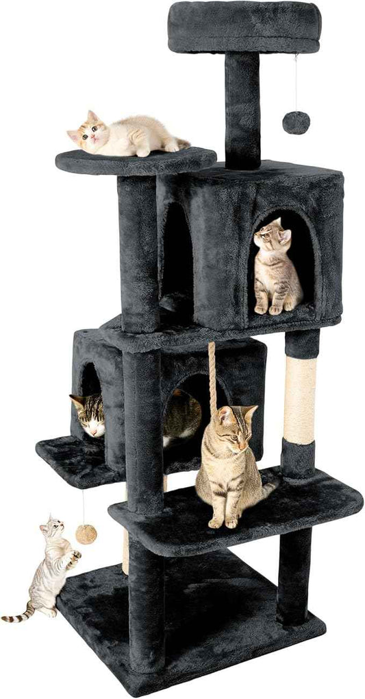 58in Large Cat Tree Tower for Indoor Cats with Soft Plush Hang Ball, Two Condos, Sisal Scratch Posts & Rope Play for Kittens/Adult Cats, Dark Grey