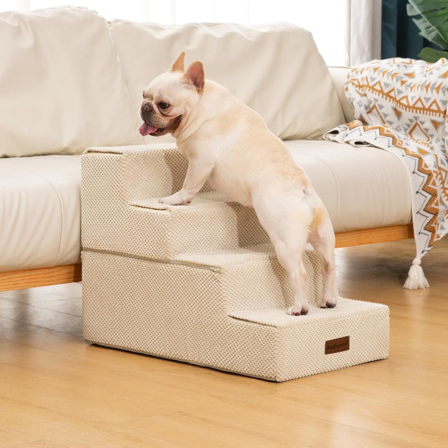 Dog Stairs for Bed 18.5" H, 4-Step Dog Steps for Small Dogs and Cats, Indoor Non-Slip Balanced Pet Stairs are Suitable for Puppy, Older Cat,Beige - Pet Explorer
