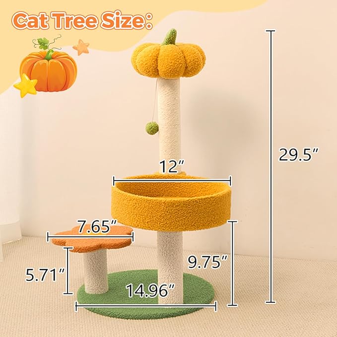 Cat Tree Post, 29.5" Pumpkin Flower Cat Tower Kittie Flower Kitten Nest with Sisal Post, Cozy Fluffy Cat Condo 3 Pillars Kitten Climbing Scratcher for Indoor Activity