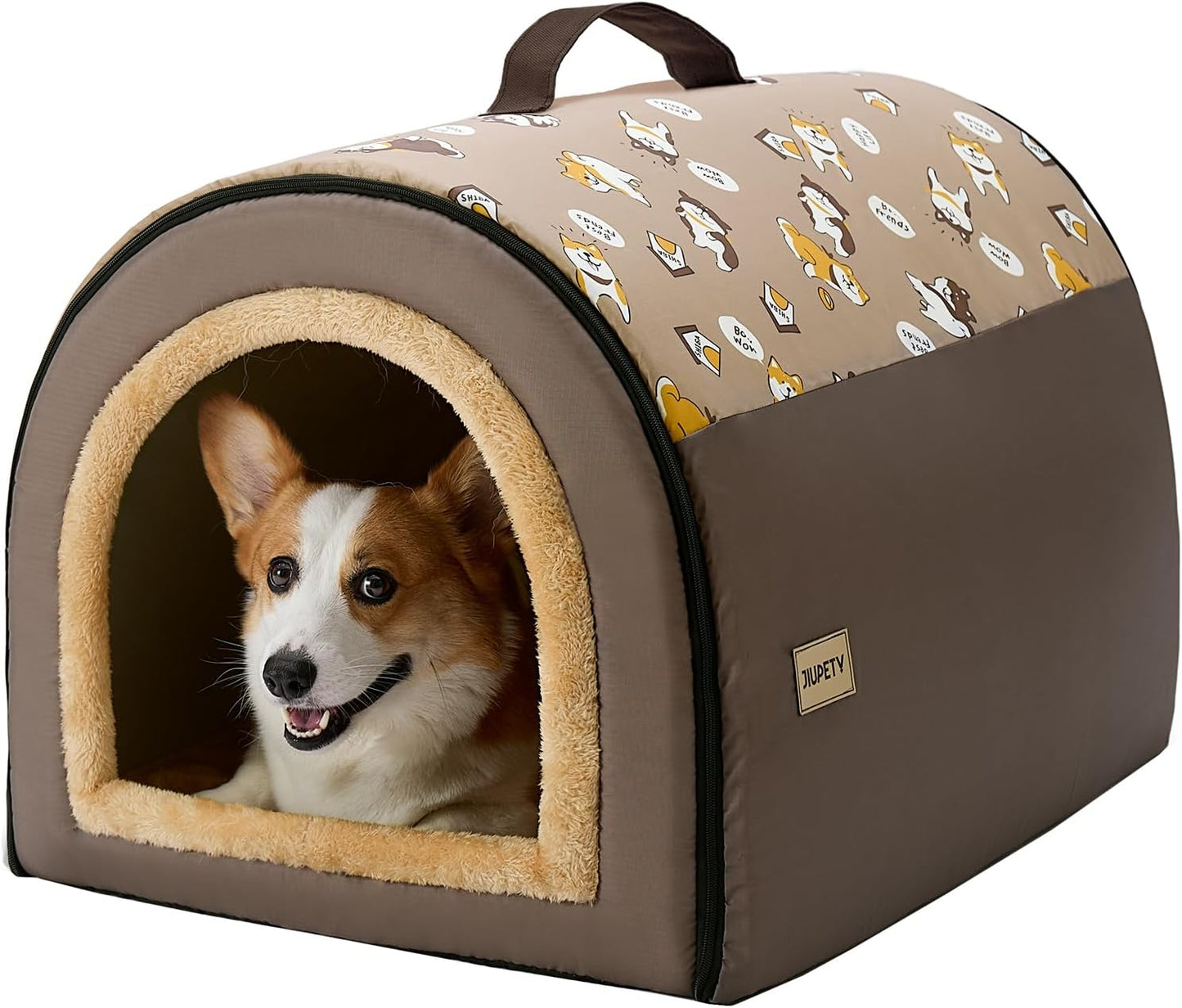 Jiupety Indoor Dog House, 2-in-1 Portable Foldable House Bed with Cover, Pet Tent & Cave Bed for Medium Dogs, XL(29"×21"×20"), Up to 44 Lb, Brown - Pet Explorer