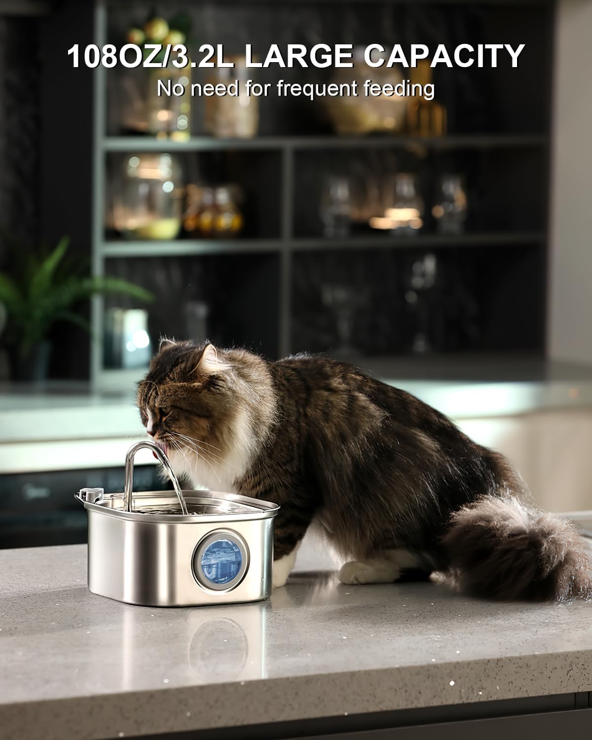 Cat Water Fountain Stainless Steel: 108oz/3.2L Automatic Pet Water Fountain - Dog Water Dispenser with Water Level Window - for Cats Inside with 4 Replacement Filters and 4 Sponges - Pet Explorer
