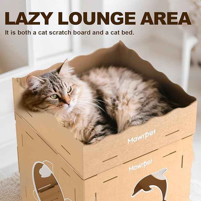 DIY Cat House with Scratcher Cardboard, Condo with Scratching Pads,Cats Play House, DIY Modular Cat Boxes, Indoor Kitty Scratcher Hideout for One or More Cats, Cat Tower Castle Tunnel, 5 Parts