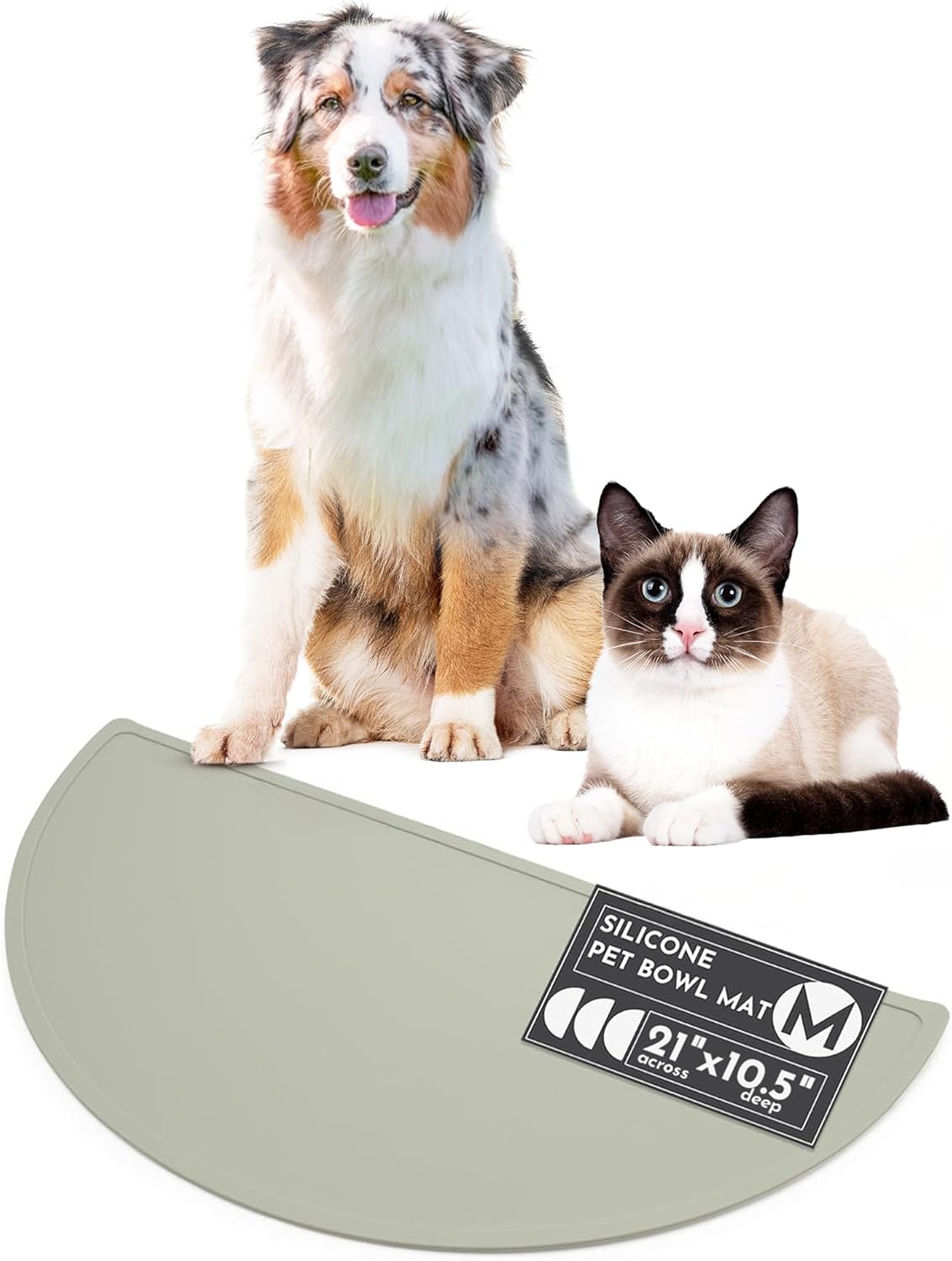 Waterproof Silicone Pet Food Mat - Non-Slip, Spill-Proof Feeding Mats for Floors, Raised Edge Design, Easy-to-Clean Mat for Dog & Cat Bowls, 21" Across x 10.5" Deep, Medium-Sage Green - Pet Explorer