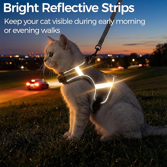 Cat Harness and Leash Escape Proof Kitten Harness Cat Leash for Walking Travel Service Cat Vest, Grey, XX-Large