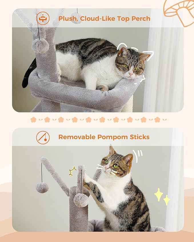 53-Inch Tall Cat Tree with 2 Condos for Indoor Cats,Cat Tower with Scratching Posts for Small Cats,Grey Cat Tree Tower with Hammock and Cat Toys