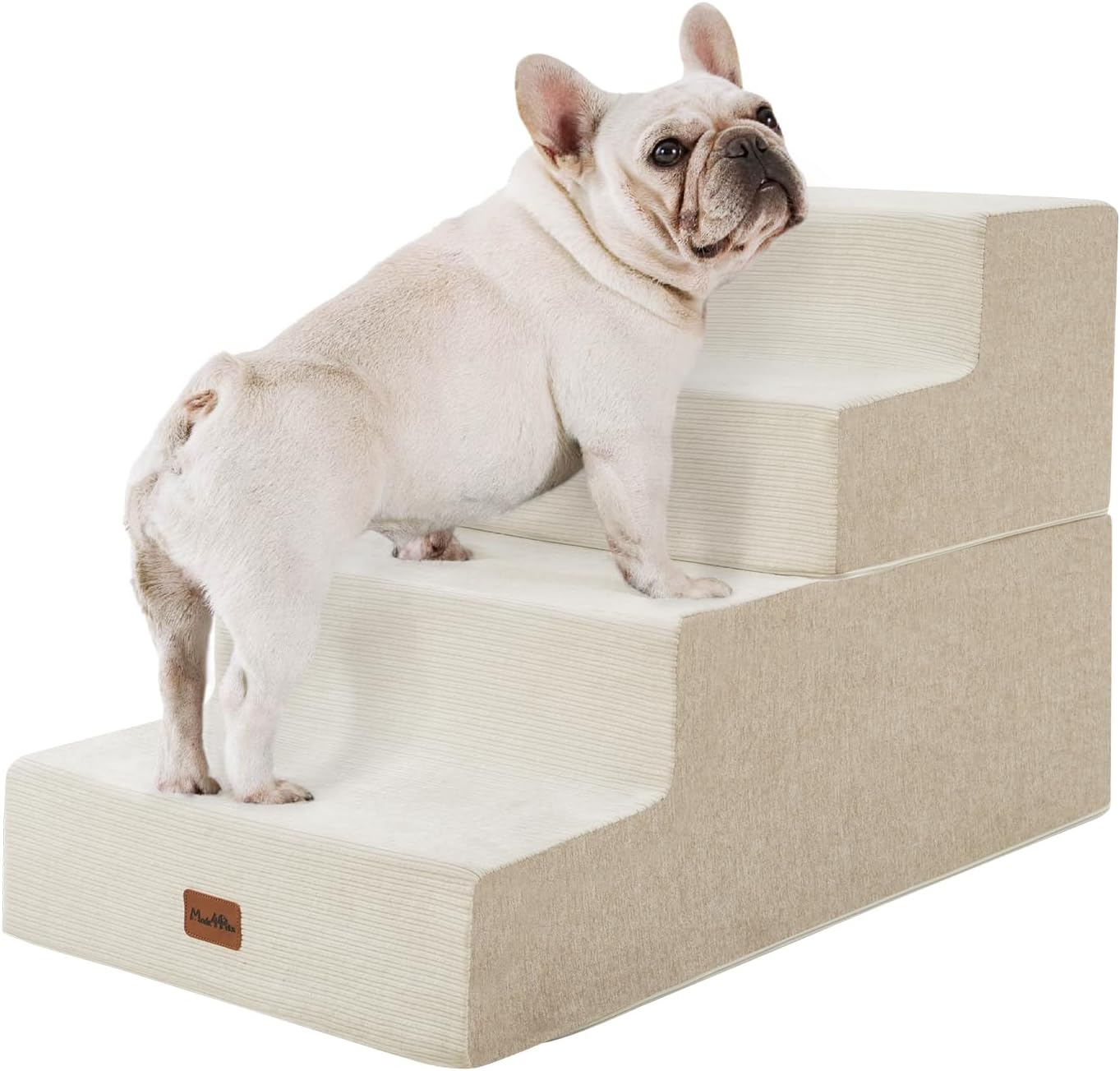 Made4Pets Dog Steps for Bed, Extra Wide Dog Stairs for High Bed Couch Sofa, 35D Foam Pet Steps for Small Dogs and Cats, Non-Slip Bottom Pet Stairs, Beige, 4 Steps - Pet Explorer