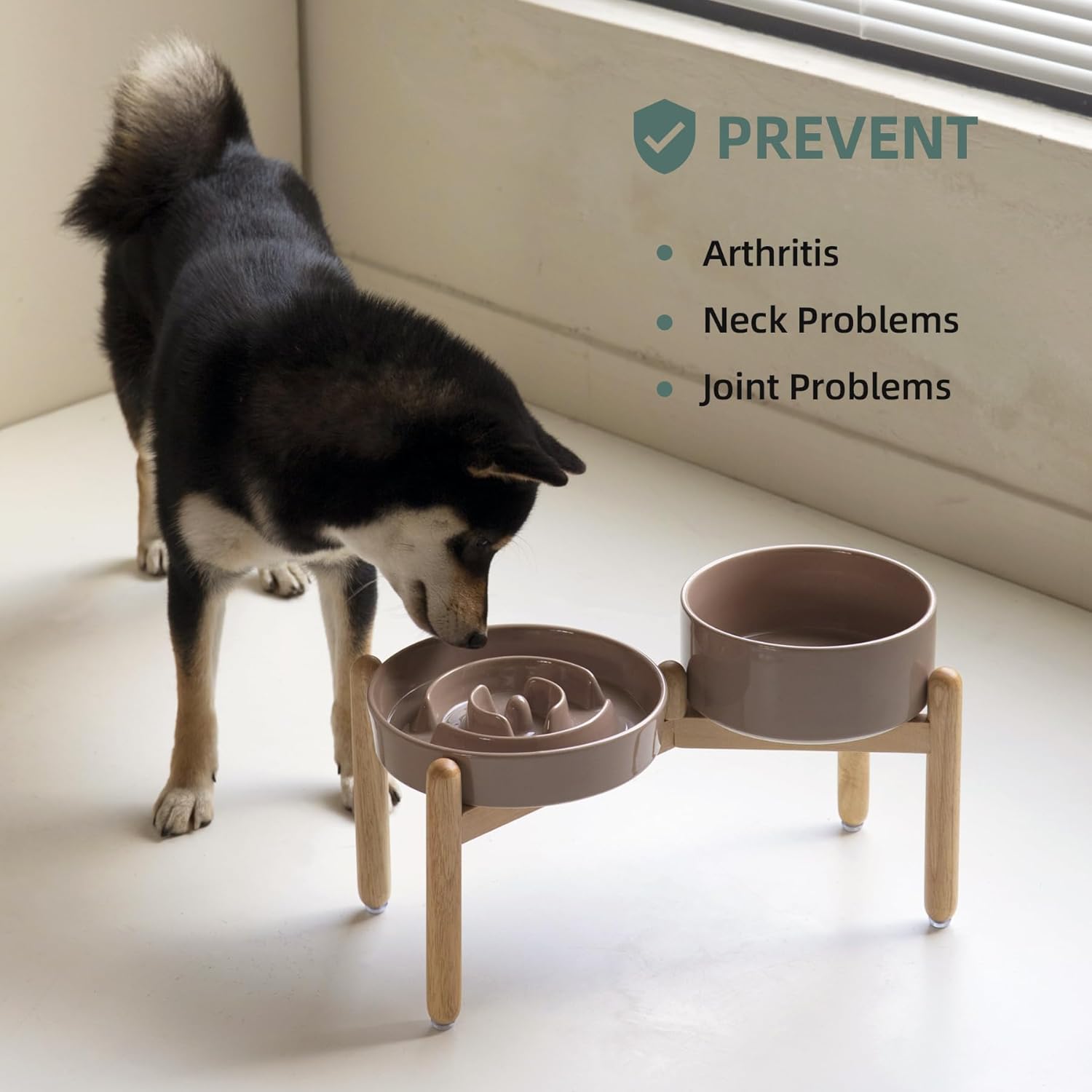 Ceramic Raised Slow Feeder Dog Bowl Set, Elevated 7.3inch Bowl and 8.2inch Puzzle Slow Dish with Wooden Stand for Medium and Large Dog, Anti-Gulping (2X Brown Coffee+ Stand) - Pet Explorer