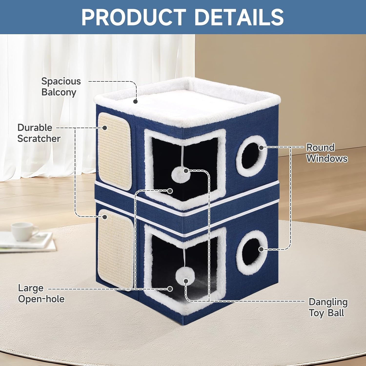 2-Storey Cat House for Indoor Cats, Large Double Cat Bed Cave with Hideaway Condos, Scratch Pads, Hanging Balls, Foldable Indoor Cat House Hold Up to 30LBS, Cat Cube for Multiple Cats Kitten, Blue - Pet Explorer