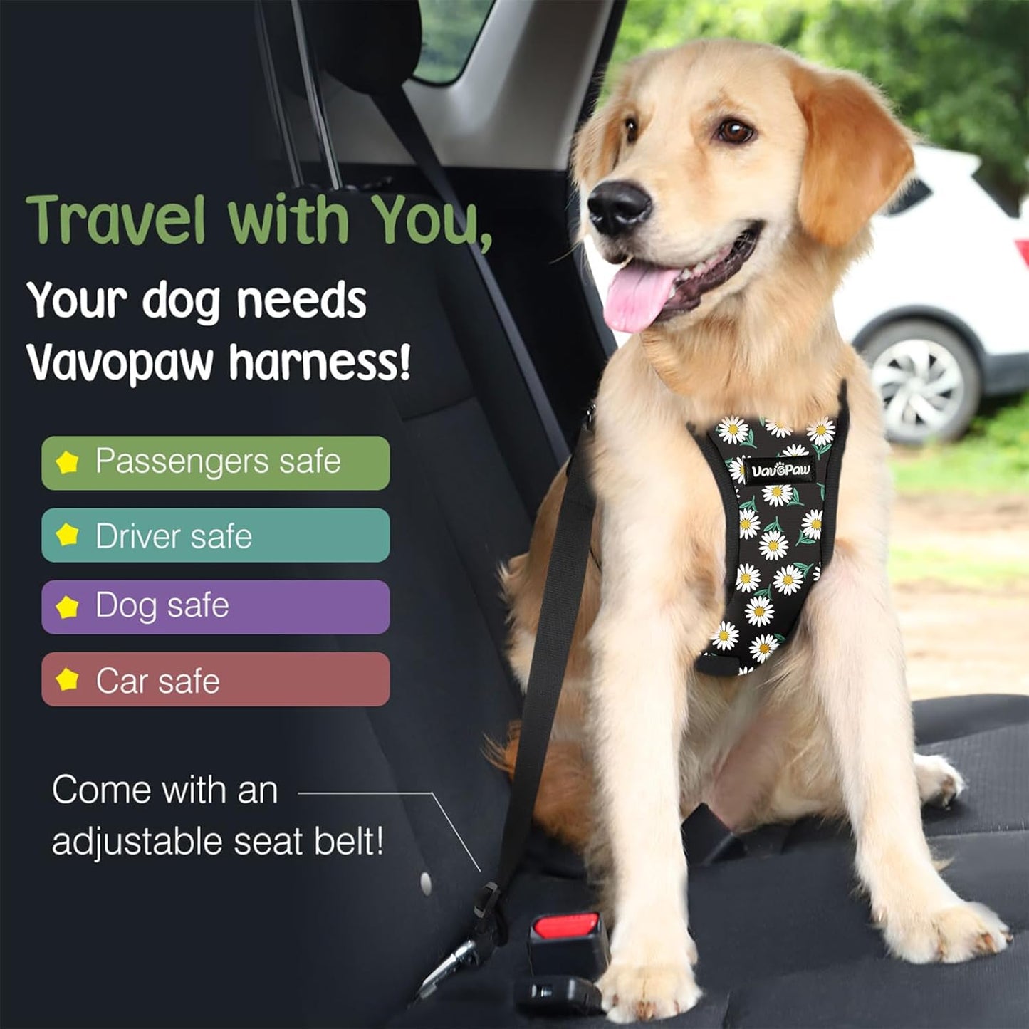 Dog Seat Belt, Safety Vest Dog Car Harness with Adjustable Buckle Dog Seat Belt for Vehicle Nylon Pet Safety Seat Belts Heavy Duty(L, Black Daisy) - Pet Explorer