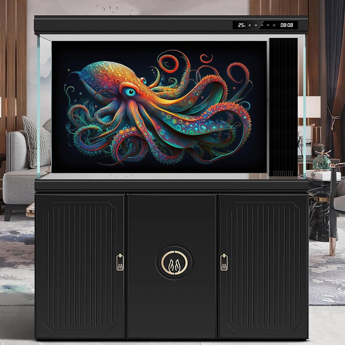 Octopus Aquarium Background Abstract Colorful Octopus Terrarium Background Glowing Octopus on Black Background Fish Tank Backdrop Poster Wallpaper Decorations Vinyl 24x12in - Pet Explorer
