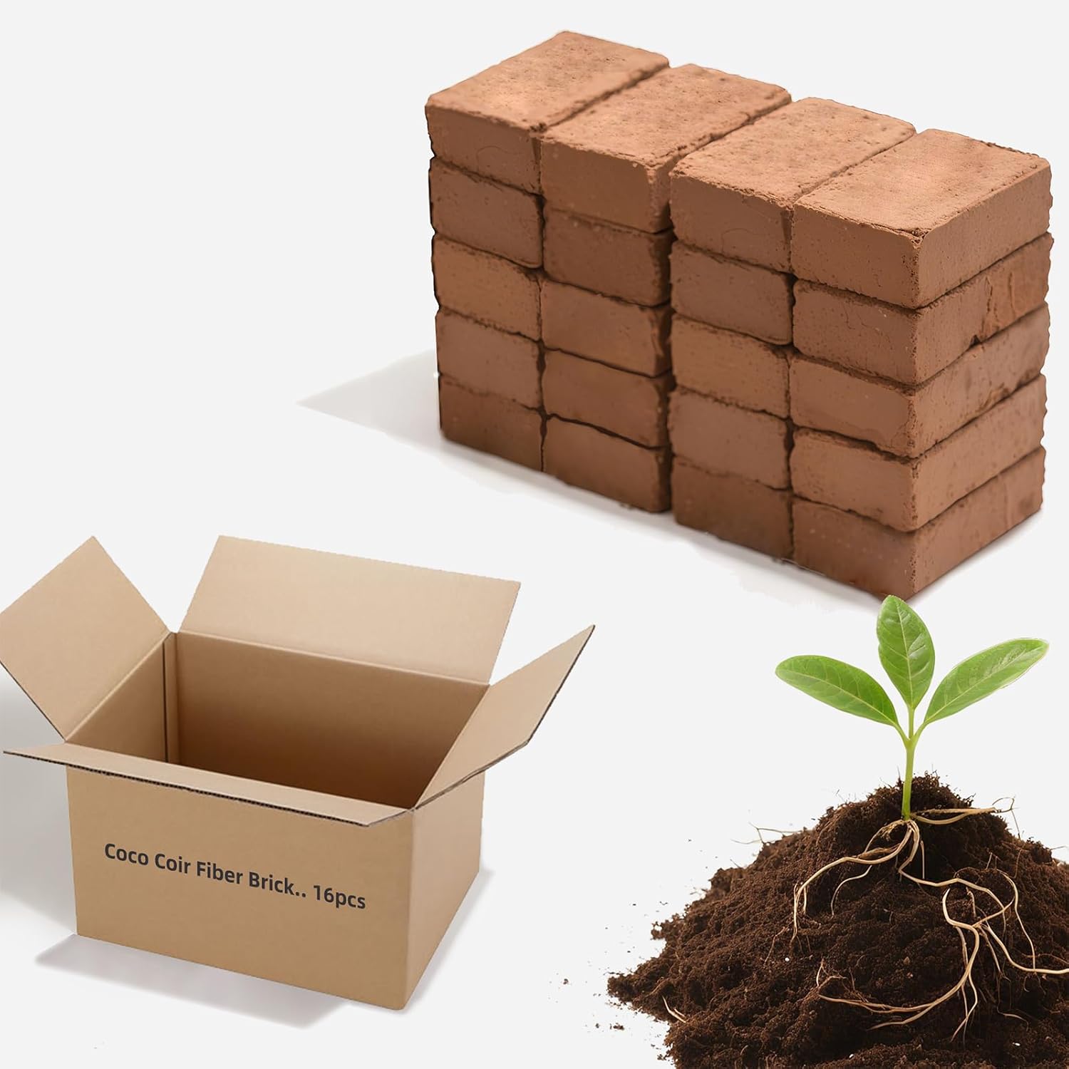 Coco Coir Bricks (16-Pack, Eco-Friendly) -100% Natural Compressed Coco Peat Brick Coconut Fiber Substrate, Plant Soil Enhance Root Growth forVegetable Seed, Herbs, Flowers, House Plants - Pet Explorer