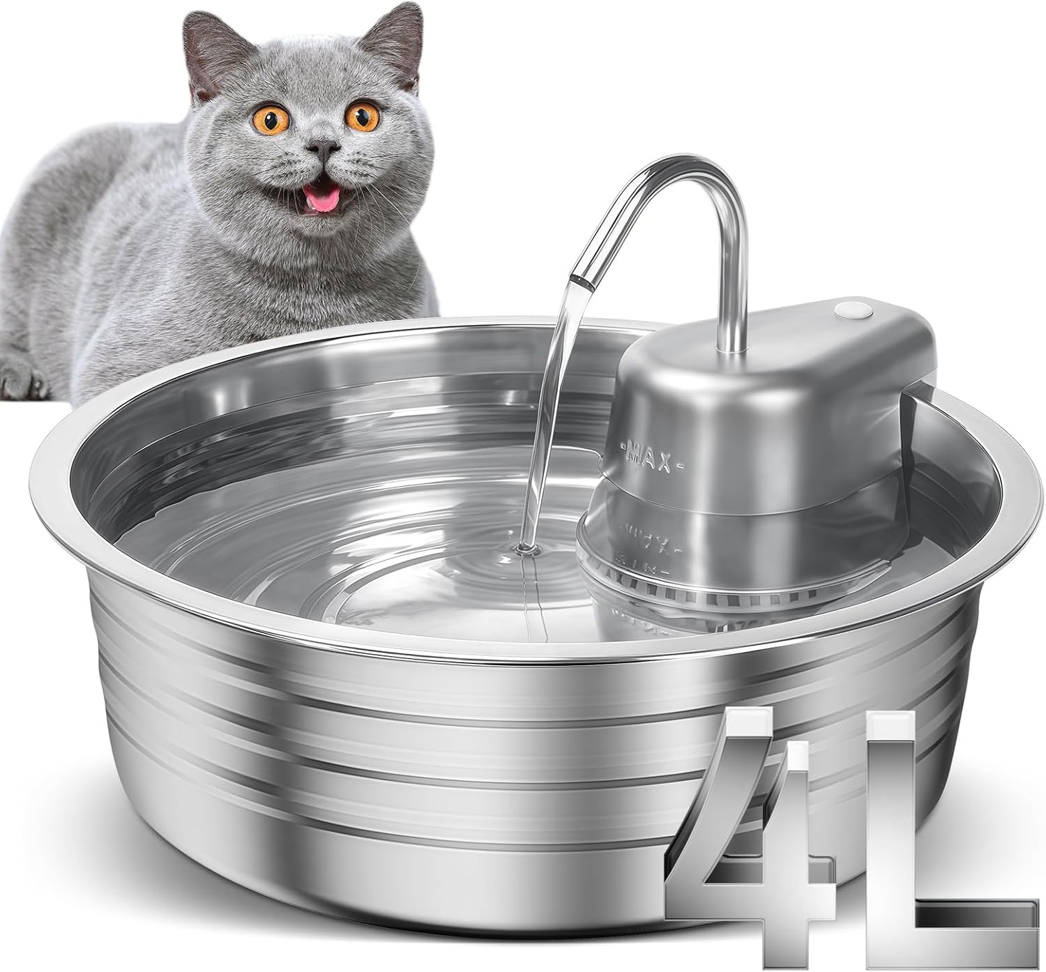 Cat Water Fountain, 4L/135OZ Stainless Steel Pet Fountain Dog Water Dispenser Bowl Cat Drinking Fountains Watering Supplies with Ultra-Quiet Pump for Cats, Dogs, Multiple Pets Indoor - Pet Explorer
