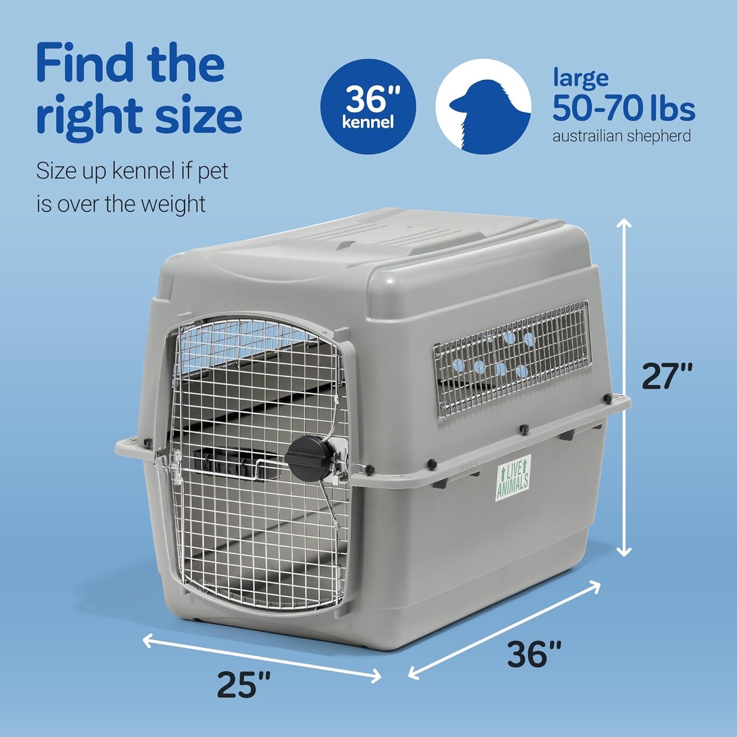 Petmate Sky Kennel - For Air and Travel, Airline Compliant Dog Crate for Pets 50-70 lbs, Heavy Duty Dog Kennel, Made in the USA- 36 Inches