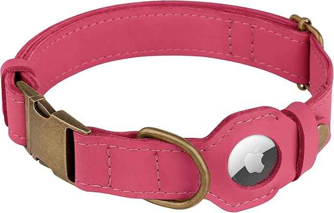 AirTag Dog Collar - Genuine Leather Dog Collar with Apple AirTag Holder and Metal Buckle - Smart GPS Tracking Pet Collars (Pink, M, 14"-18" Neck Fit)