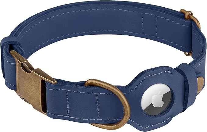 AirTag Dog Collar - Genuine Leather Dog Collar with Apple AirTag Holder and Metal Buckle - Smart GPS Tracking Pet Collars (Smoky Blue, L, 17"-21" Neck Fit)