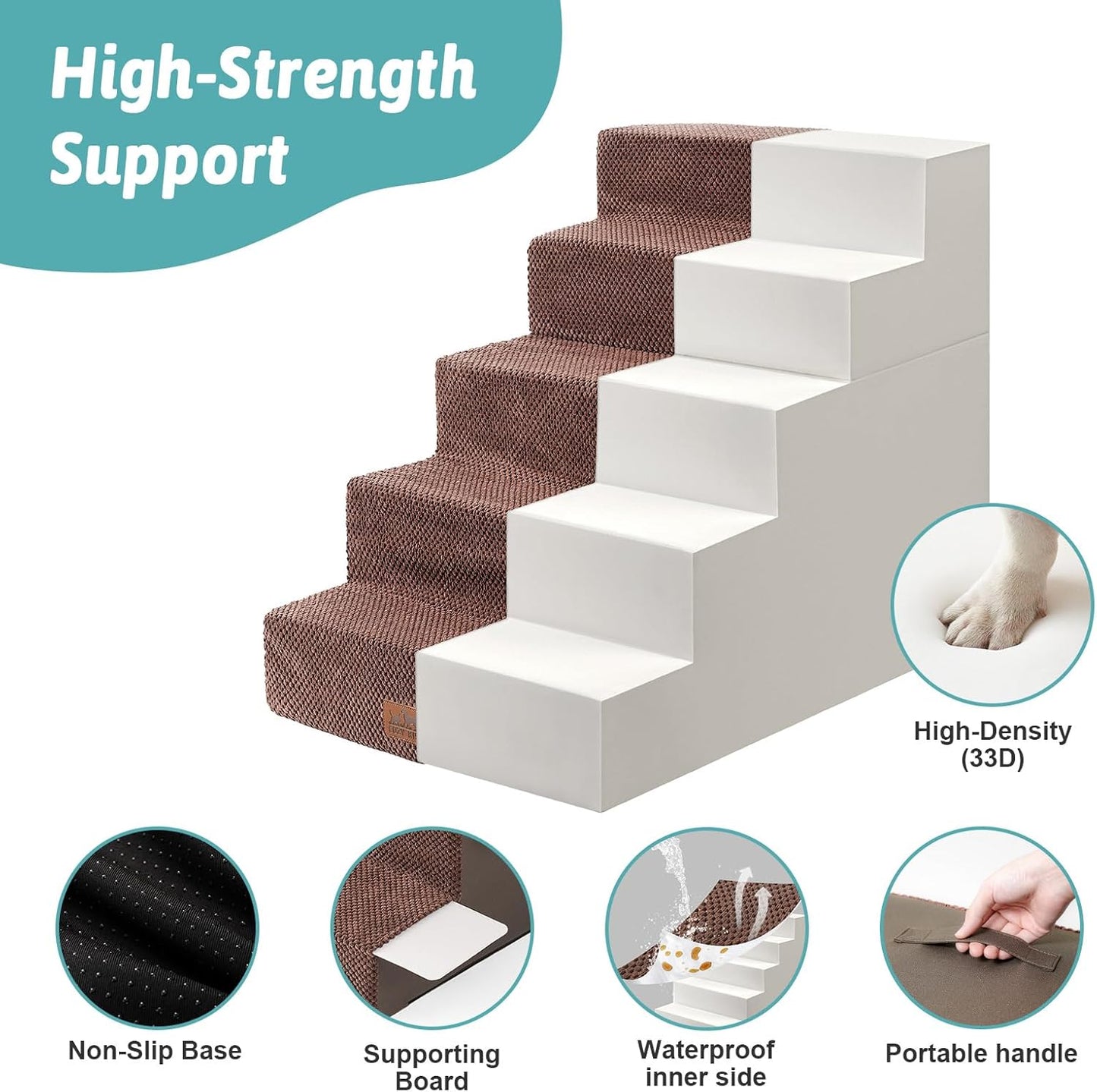 Dog Stairs for Small Dogs, 5 Tier Removable Wider Pet Stairs for Couch and Bed, 23.6" H Non-Slip Dog Steps for Puppies and Old Cats with Support Board, 29.5x19.7x23.6 inch, Brown - Pet Explorer