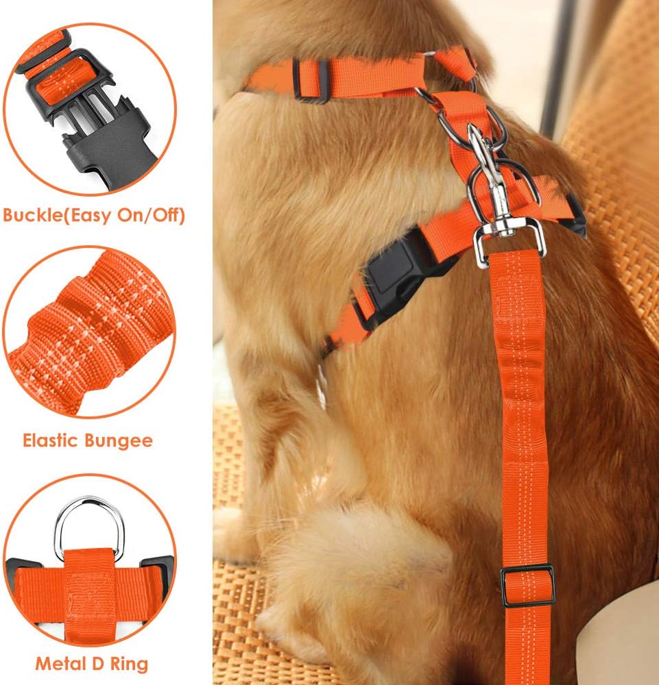 Lukovee Dog Seat Belt for Car, Adjustable Dog Car Harness for Large Medium Small Dogs, Soft Padded & Breathable Mesh Dog Seatbelt with Car Vehicle Connector Strap (Orange,Medium) - Pet Explorer
